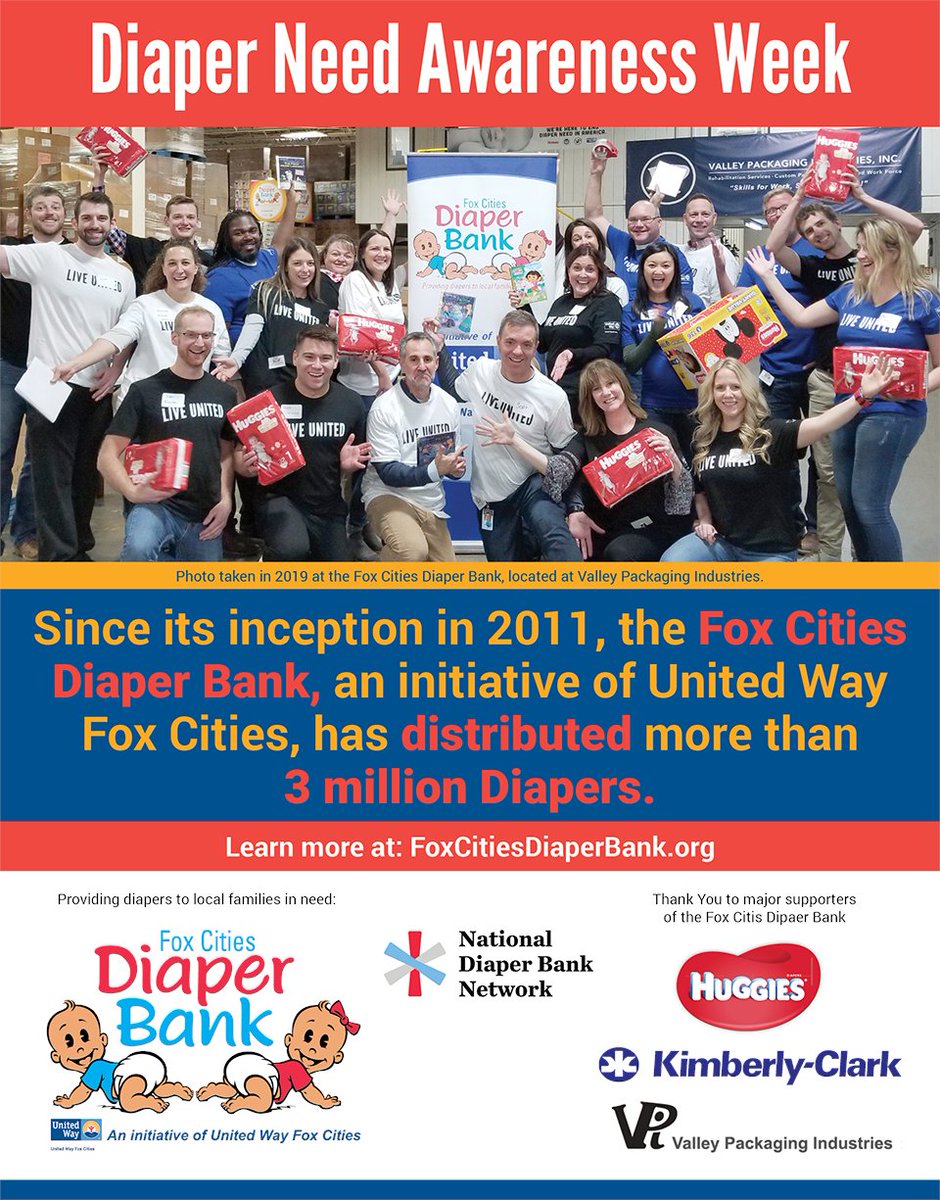 UnitedFoxCities's tweet photo. Thanks @Huggies®, a @KCCorp brand for diaper donations, Valley Packaging Industries for warehouse space &amp; staff support, 18 local partners that distribute diapers to struggling families &amp; thousands of volunteers who prepare diapers for distribution. #LIVEUNITED #DNAW #HelpingHugs https://t.co/ErfUJDpnCp