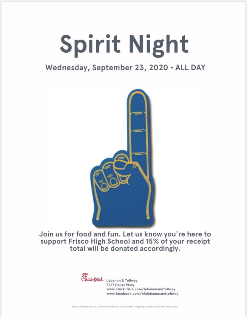 FriscoHighPTSA's tweet photo. Spirit Day is here !!!!!!
TODAY, September 23- ALL DAY
Chick Fil-A Lebanon &amp; Tollway 
Please don't forget to mention Frisco High School Spirit Night at the Drive-Thru and also type it in when ordering on the Chick Fil A's App

@FriscoHighPTSA 
@FHSRaccoons 
@FriscoHSSports https://t.co/5i3Xw4rUiV