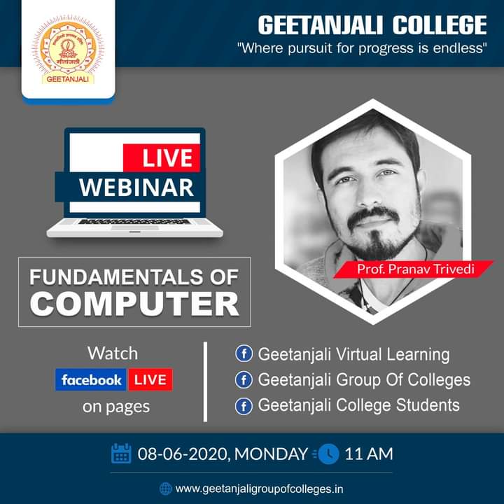geet_college's tweet photo. Webinar on Fundamentals of computer by Prof. Pranav Trivedi

🗓 08-06-2020, Monday 
⏱ 11 AM

Geetanjali Group Of Colleges #Watch #Live #Webinar #FundamentalsOfComputer #PranavTrivedi #FacebookLive #Geetanjali #College #Students #VirtualLearning
#Learn #NewThings https://t.co/JTRAozTOp7