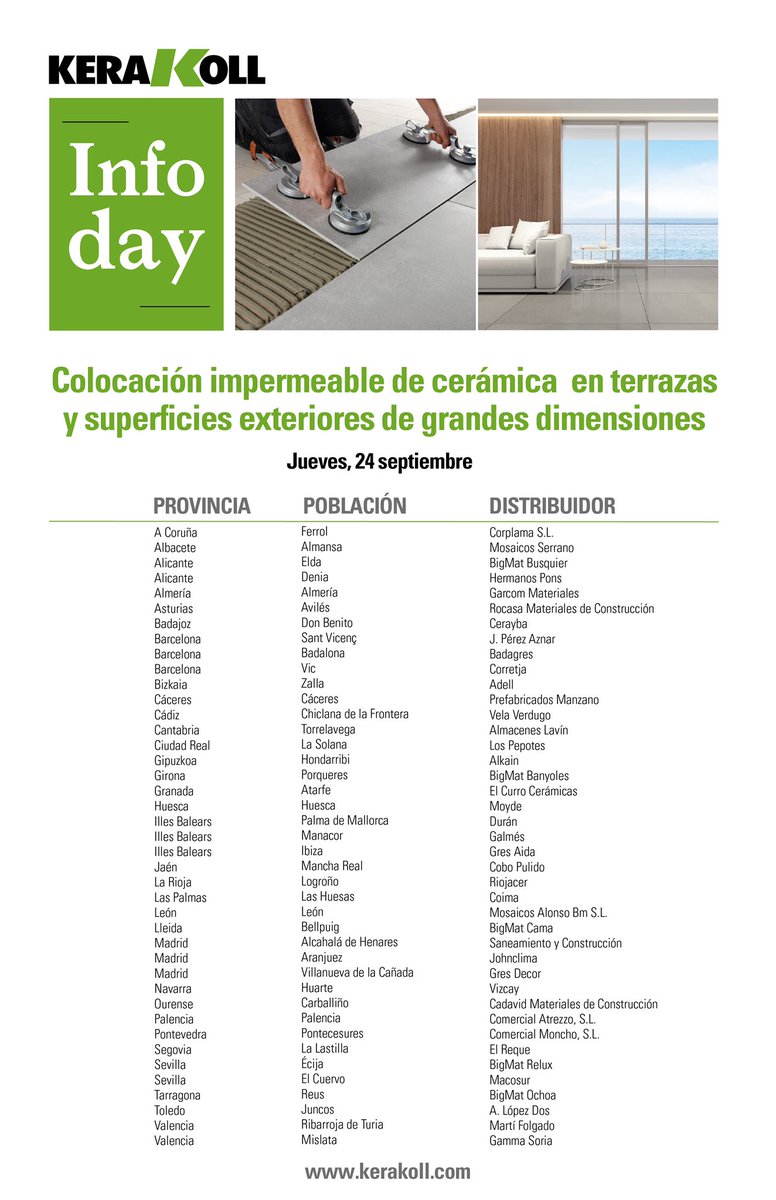 Trabajando siempre junto a los profesionales. 
“Colocación impermeable de cerámica en terrazas y superficies Exteriores de grandes dimensiones”
en los INFODAYS programados MAÑANA jueves, 24 de septiembre en más de 40 puntos de venta
#infodaykerakoll  #ColocaciónCerámica #kerakoll