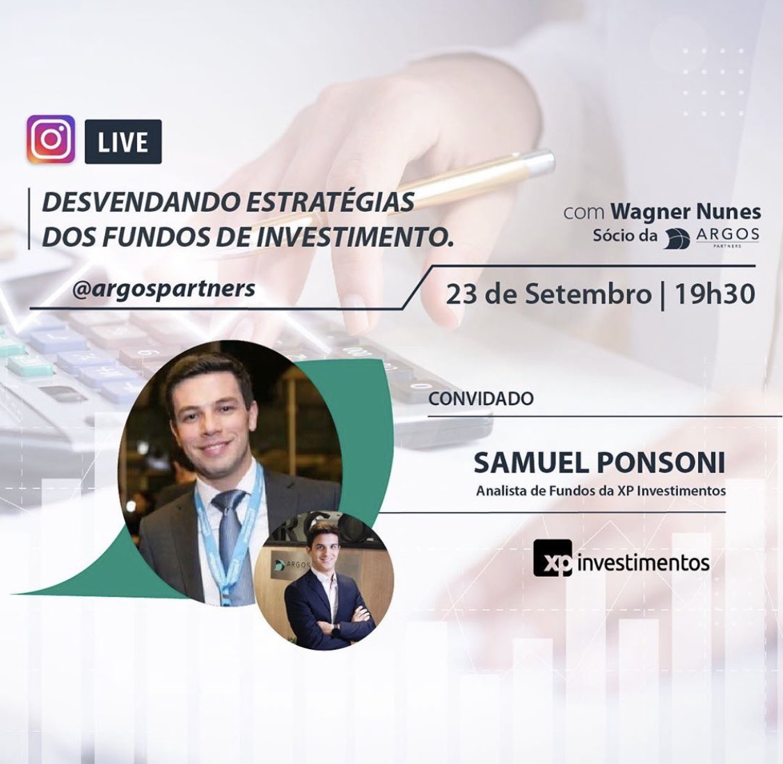 Samantha Vianna on X: Hoje tem live com Samuel Ponsoni, analista de fundos  da XP Investimentos e @WagSfc pelo Instagram da Argos Partners ✔️  Conecte-se.  / X