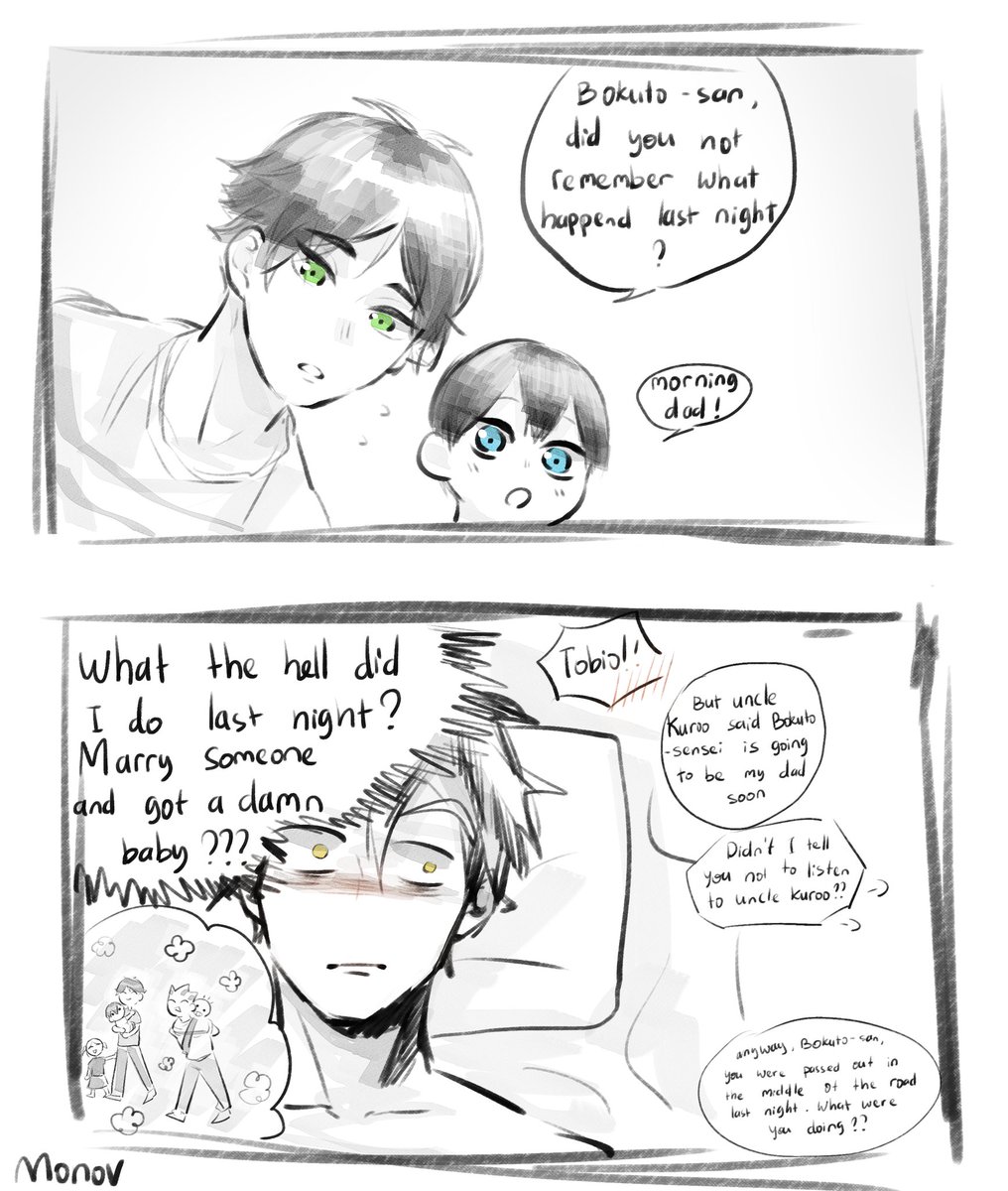 #AkaashiWeek2020 Day 3! [Single Parent AU/"You don't remember what happend last night?"]

Mini comic ?? 