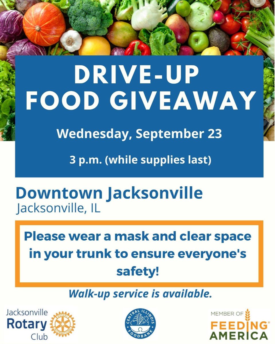 A drive-up food giveaway will be held today, September 23rd, beginning at 3 p.m. The food distribution will be at 215 West Lafayette, just west of Charlie's Ice Cream Shop. Please wear a mask and clear space in your trunk to ensure everyone's safety. Walk-up service is available.