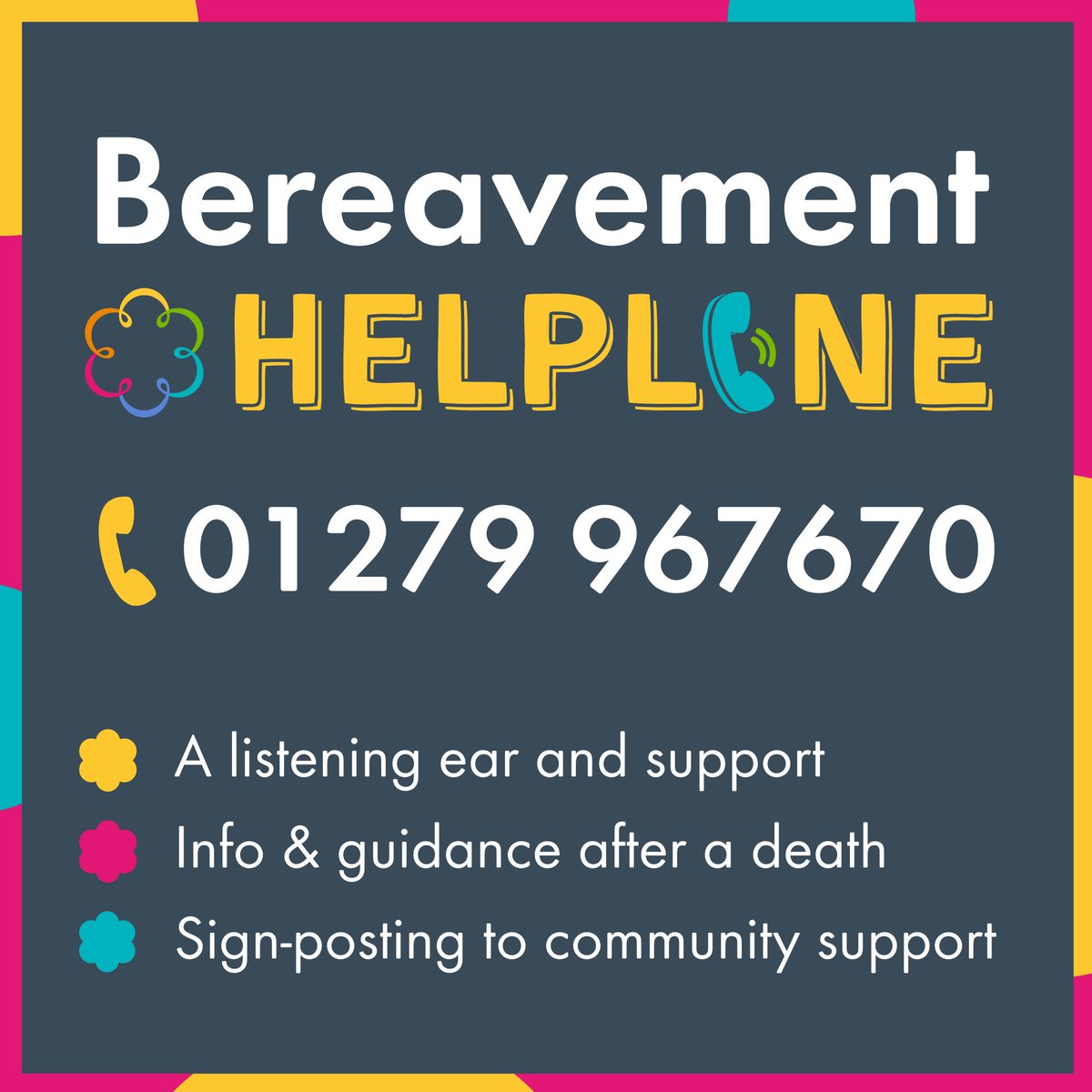 hospicestclare's tweet photo. Our Bereavement Support Helpline (01279 967670) is open to anyone who has experienced bereavement - no matter how recent or long ago. We can offer a listening ear 👂Info &amp; guidance after a death ℹ️ Sign-posting to other local support 👉 https://t.co/tTEJzInDHo https://t.co/9hEz6bB57R