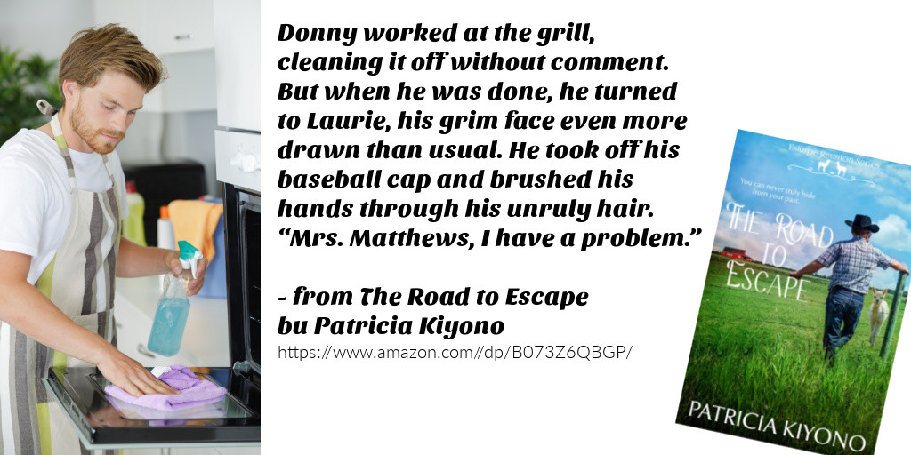 PatriciaKiyono's tweet photo. Today's #BookQW word is GRIM. From The Road to Escape, Laurie's bad day just got worse. https://t.co/U7UU1jtRhX #sweetromance #cleanromance #novella #contemporaryromance #99cents #AHAGrp #MMRWA https://t.co/uDOTqtxc1o