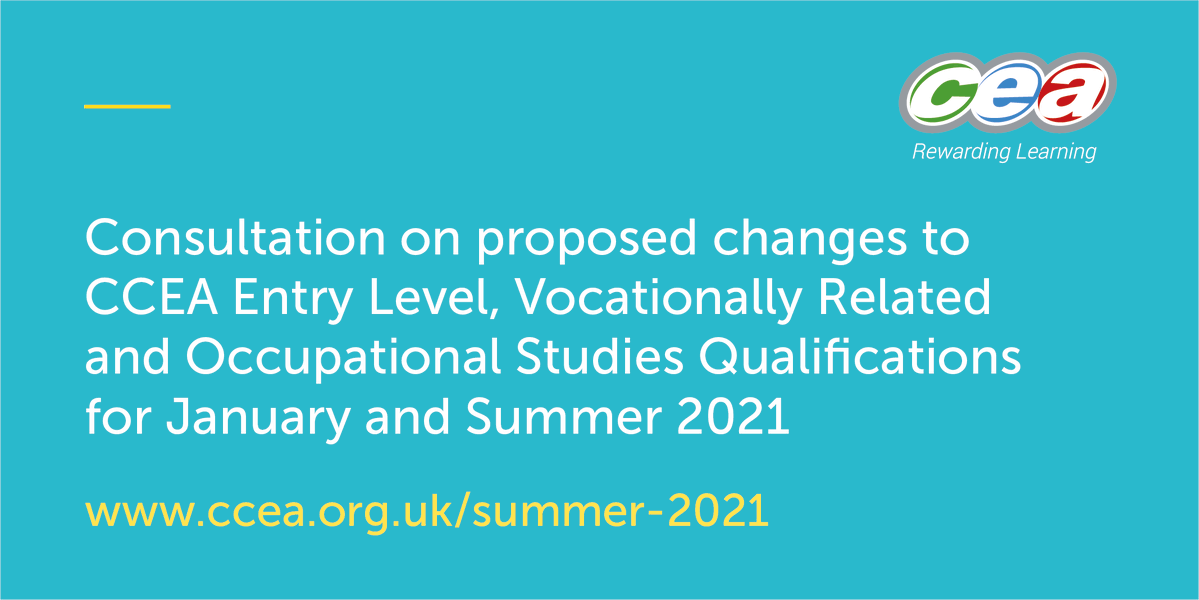CCEA_info's tweet photo. 📢The consultation on proposed changes to CCEA Entry Level, Vocationally Related and Occupational Studies Qualifications for January and Summer 2021 is now live.

🗣️Have your say on potential changes to the qualifications and assessment requirements: 

🖱️https://t.co/n9GRbX76nC https://t.co/ckUOSD0kLc