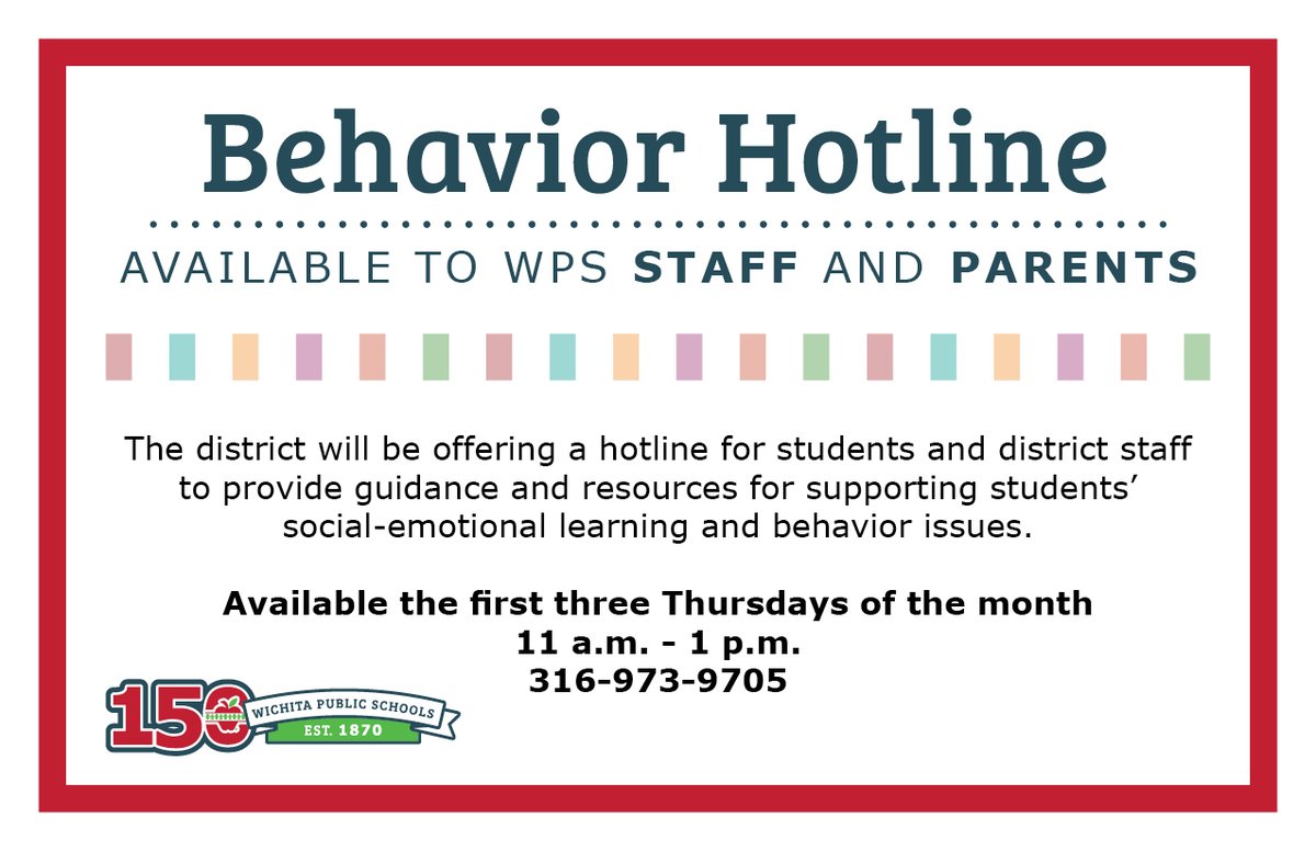 The district will be offering a behavior hotline the first three Thursdays of the month from 11 a.m. to 1 p.m. to give parents guidance and resources for supporting their student’s social-emotional learning and behavior issues.