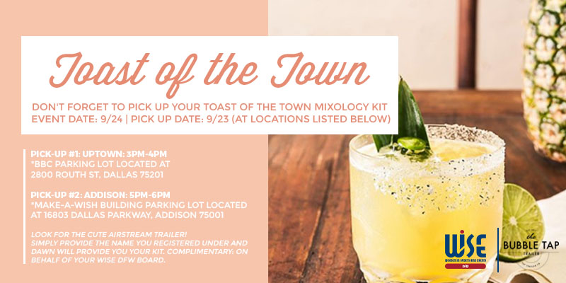 WISE_DFW's tweet photo. Who’s ready to celebrate our chapter’s anniversary? 🥳

Make plans TODAY to pick up your mixology kit for tomorrow’s #WISEDFW Toast of the Town - available in Uptown or Addison! 🥂

#WISE || #WISEWorks https://t.co/lQ2S1blhJr