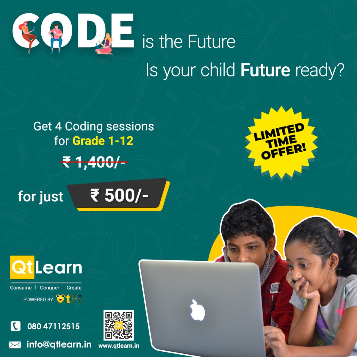 𝐋𝐢𝐦𝐢𝐭𝐞𝐝 𝐩𝐞𝐫𝐢𝐨𝐝 𝐨𝐟𝐟𝐞𝐫 on QtPi Coding Courses!
Help your child learn 21st Century Skills for just 500/- with QtPi 😊

𝐁𝐫𝐢𝐧𝐠 𝐚 𝐟𝐫𝐢𝐞𝐧𝐝 & 𝐞𝐚𝐜𝐡 𝐠𝐞𝐭 𝐑𝐬.𝟏𝟎𝟎/-  𝐝𝐢𝐬𝐜𝐨𝐮𝐧𝐭.

Register: rzp.io/l/QtLearnCoding

#codingcult #100DaysOfCode #AI