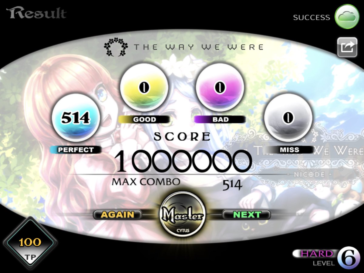 Eri1837's tweet photo. The Way We Were

NICODE

[Hard 6]
1st TP100.00%

#Cytus #NICODE #Rayark https://t.co/BTC0xjAR14