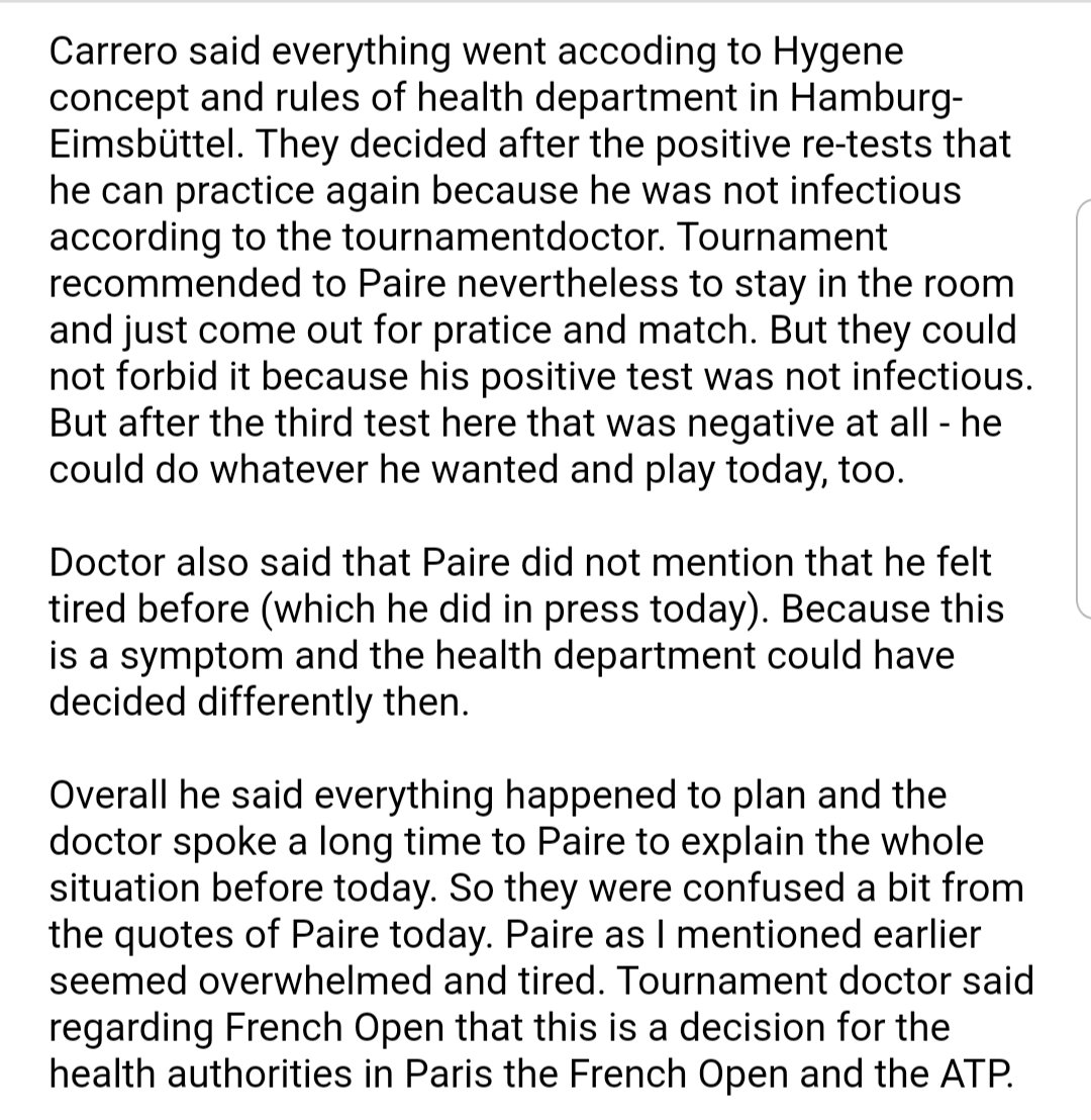schnejan's tweet photo. As I didnt sell a Story about the situation (I tried hard) which is bad for me as a Freelancer but good for you

Here is full conclusion of press with the tournament doctor.

We have to distinguish between a first positive test and positive re-tests that are not infectious👇 https://t.co/fqtIDWDWpI