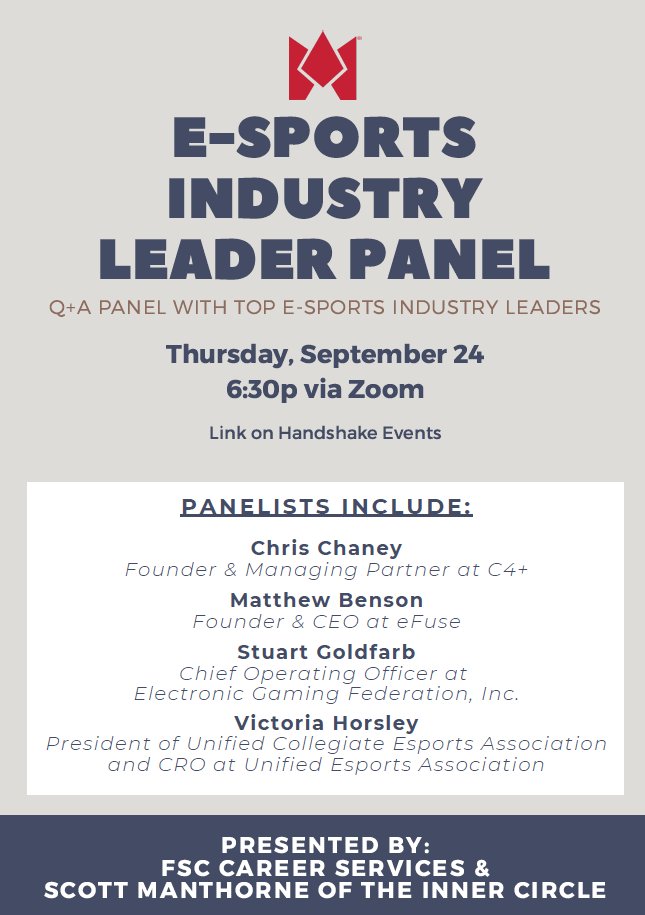 FLSouthern's tweet photo. Florida Southern students and alumni are invited to join an e-Sports industry leader panel this Thursday, at 6:30 pm EST via Zoom, presented by FSC Career Services and Scott Manthorne (FSC '90). Details and the zoom link can be found in Handshake: https://t.co/EHLRQlXgNk https://t.co/iGOol7oEBB