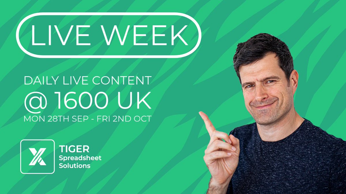 TigSpreadsheets's tweet photo. 🎬Live everyday next week, building to a big announcement on Fri 2nd Oct
What would you like to cover in the live sessions? Let me know below 👇
#TigerRelaunch2020 #Excel #VBA #ExcelTraining #VBATraining #Spreadsheet #SpreadsheetHelp #ExcelHelp https://t.co/cg08xJA9mu