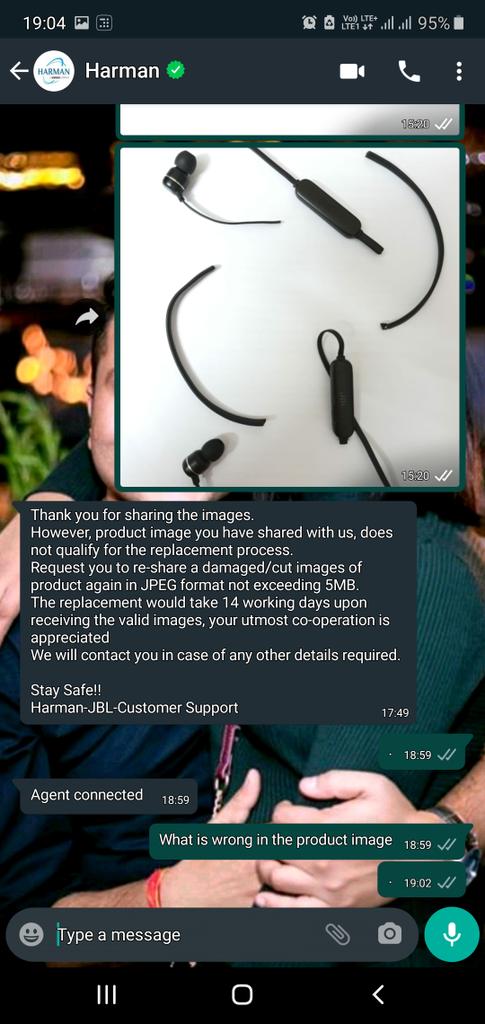 Shan81297's tweet photo. @JBLSoundIn I had already sent the images of Both the Tax Invoice as well as of Destroyed product as per your verified @JBLSoundIn WhatsApp a/c but still they are sending me the same msg again &amp; again.
I almost sent 10 times.😡
#suchadisasterservice #sopathetic https://t.co/KoaPZYdFvZ