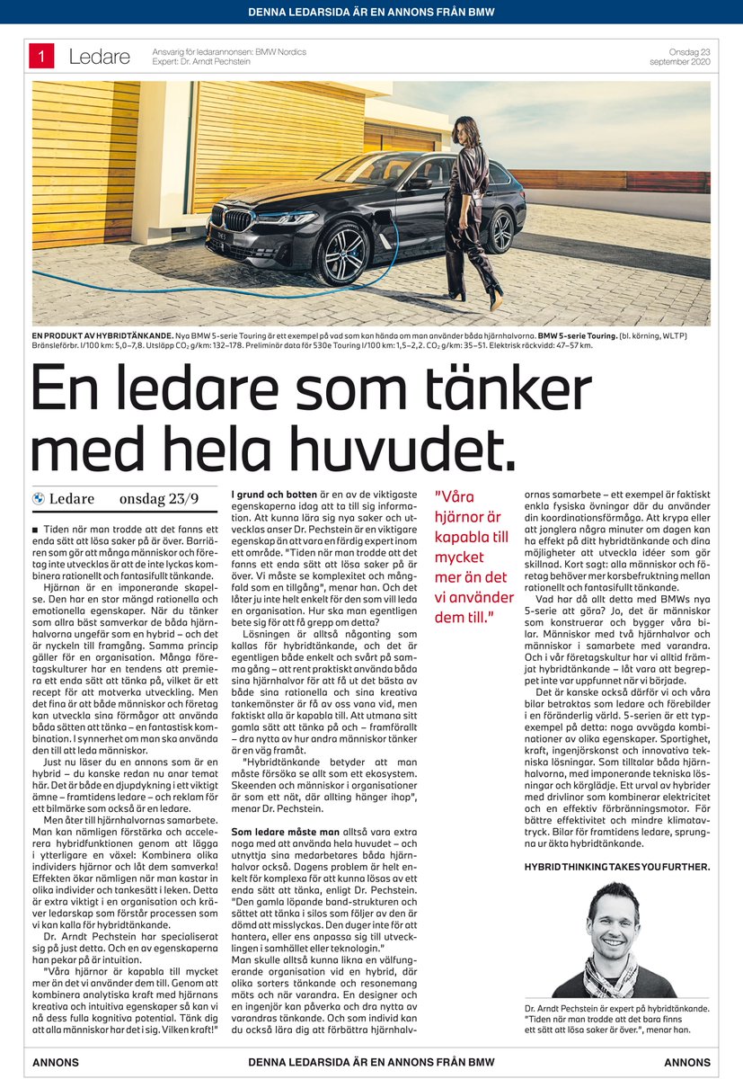 #HybridThinking goes <a href="/BMW/">BMW</a>: Traditional approaches are no longer enough. Rational &amp; imaginary thinking, analytic &amp; creative skills are needed. Tech leadership must be combined w/ planetary responsibility. Today in one of Sweden's largest newspaper #futurethinking #transformation