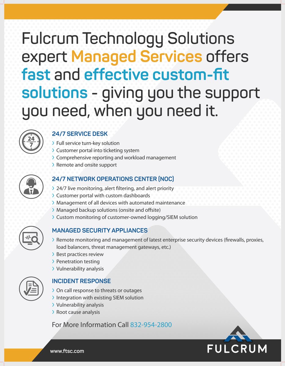 Looking for a team you can trust to manage all your devices &amp; backup solutions - onsite and offsite; to provide Incident Response, Live Monitoring, and Alert Filtering? Look no further than <a href="/fulcrumtsc/">Fulcrum</a>. As your #MSP, we can provide all of this and more! Learn more: info@ftsc.com
