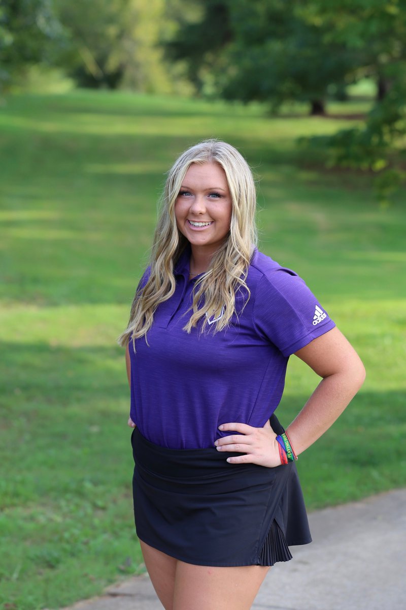 LadyPurplesGolf's tweet photo. Here is Senior, Margaret Goodnight. @mgoodnight_1 has played golf for 3 years. What makes golf memorable?: "Hanging out with the team and getting closer with the younger girls advice: Have fun with it." Her advice: "Push yourself to get better but don't be too hard on yourself." https://t.co/FLx4BMflnk