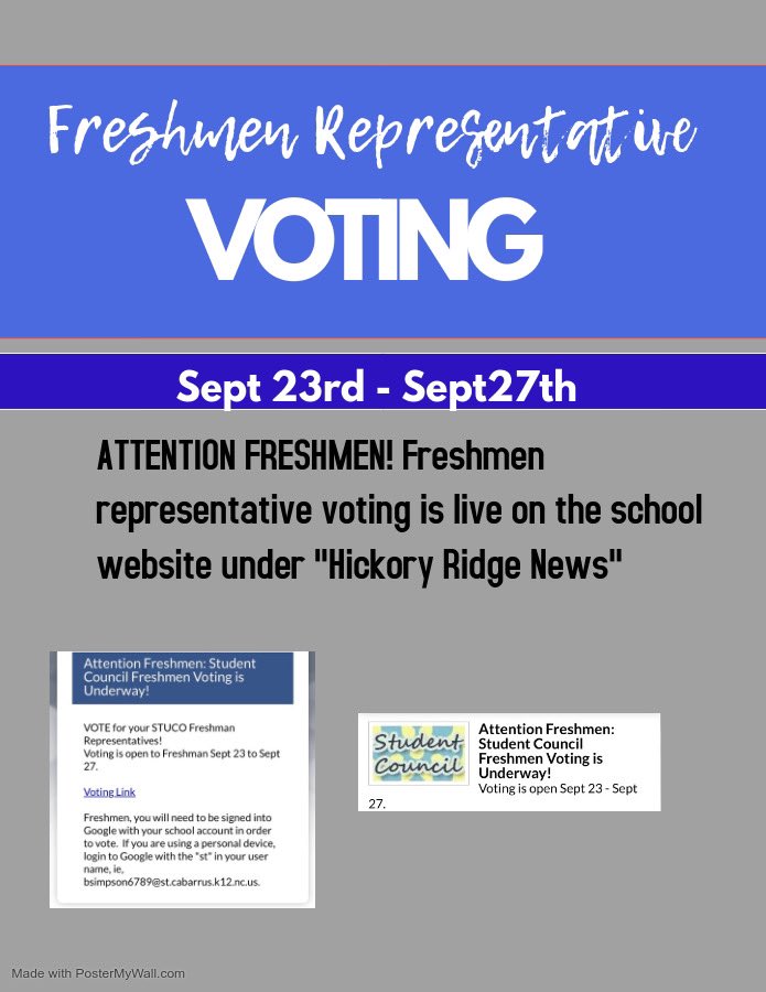 ATTENTION FRESHMEN!!!

GO VOTE FOR YOUR FRESHMAN CLASS REPRESENTATIVES! Voting is live on the school website under “Hickory Ridge News” now through September 27th!!

GO VOTE! GO BULLS!🐮💙