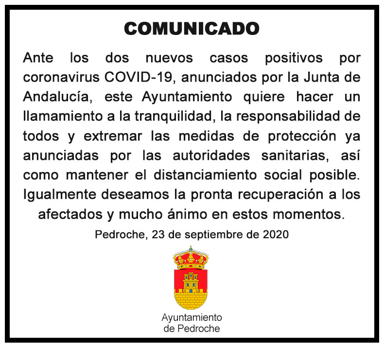 Este Ayuntamiento quiere hacer un llamamiento a la tranquilidad, la responsabilidad de todos y extremar las medidas de protección ya anunciadas por las autoridades sanitarias, así como mantener el distanciamiento social posible.