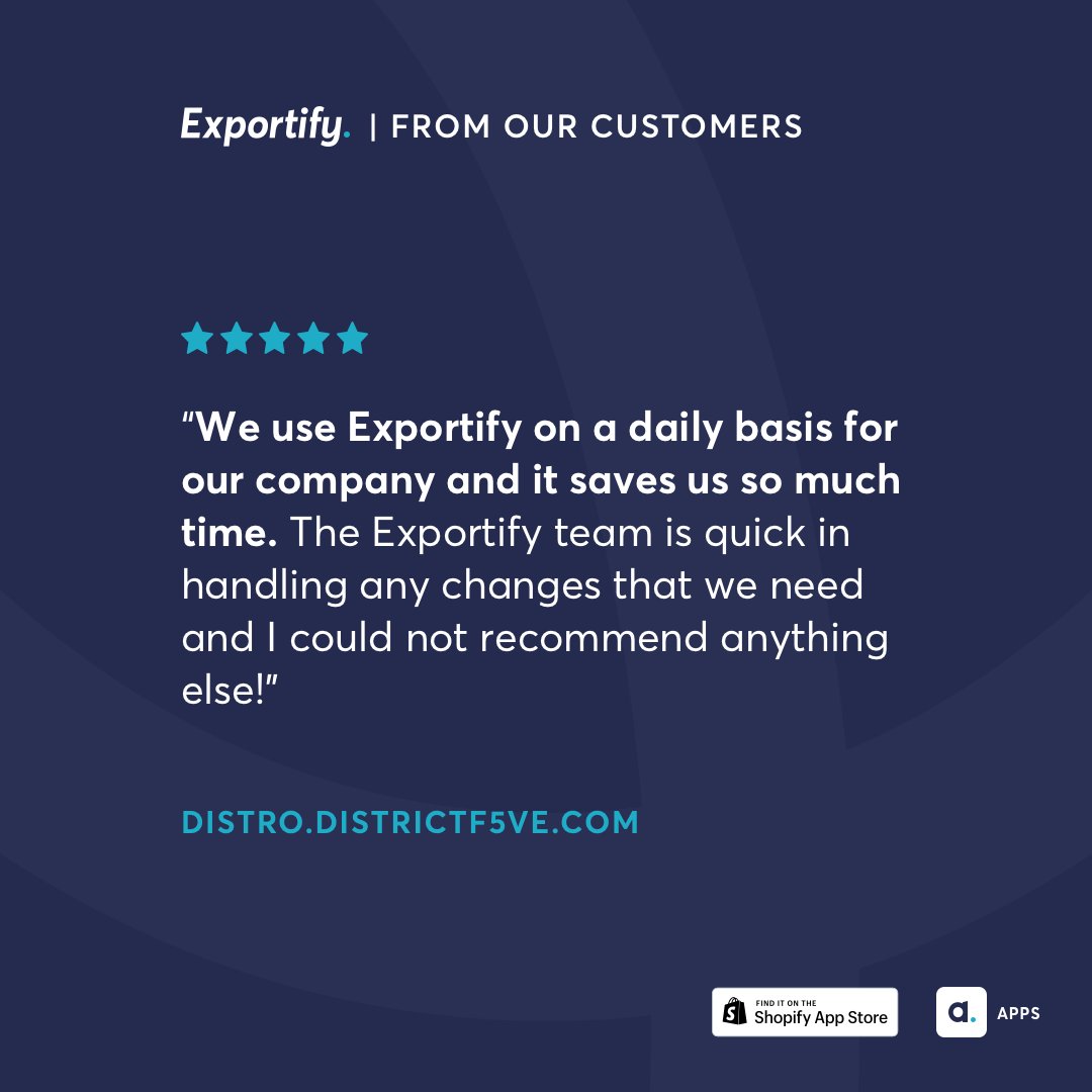 AbleSense's tweet image. It&apos;s ALWAYS a good time to save time. ⏰

The friendly folks at districtf5ve.com installed our #Exportify app to manage their order exports, and are reaping the benefits! Thanks for the #5starreview!

More information here: apps.shopify.com/exportify

#shopifyapp