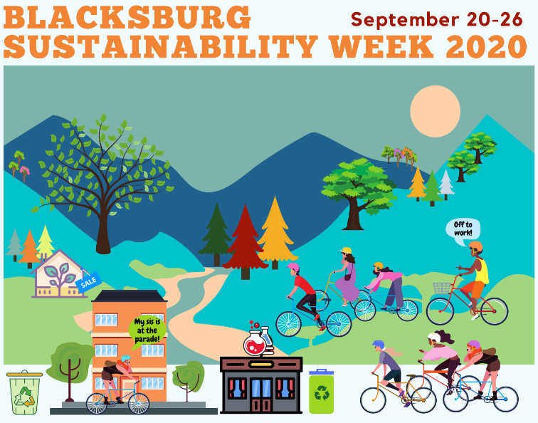 Blacksburg Sustainability Week Sept. 20-26. Illustrating of people biking by buildings, alongside mountains.
