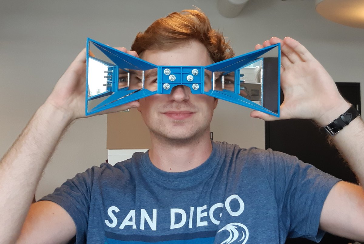 stanlarroque's tweet image. A team member created a simple device that let you experience hyperstereopsis : seeing the world with a greater interpupillary distance (x2.5 in this device). The world looks much smaller, and it gives you a funny look.
