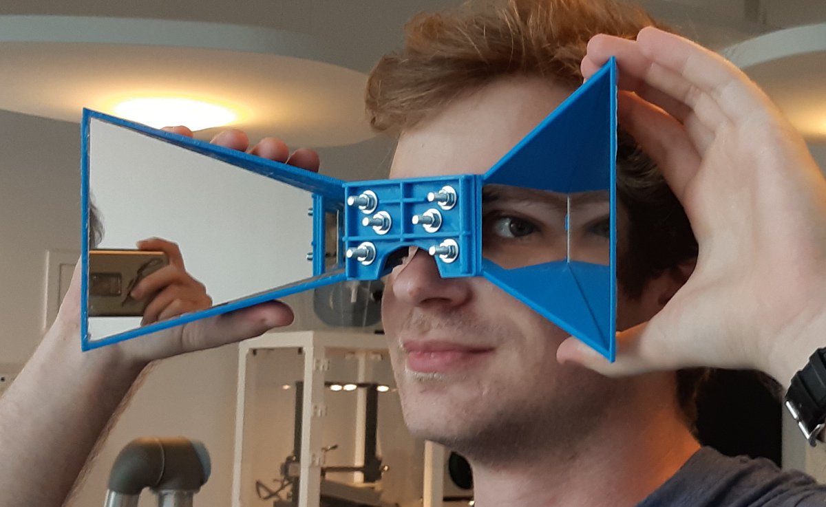 stanlarroque's tweet image. A team member created a simple device that let you experience hyperstereopsis : seeing the world with a greater interpupillary distance (x2.5 in this device). The world looks much smaller, and it gives you a funny look.