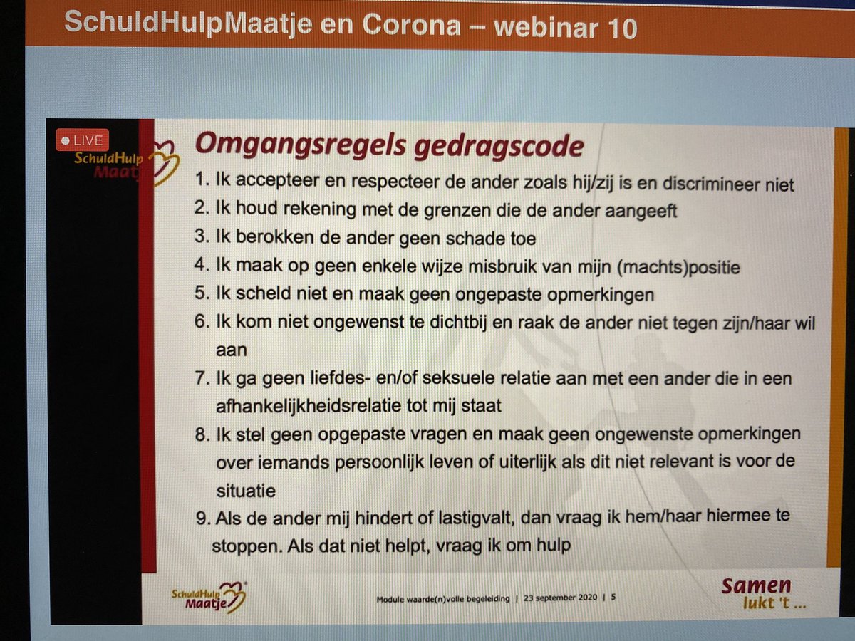 Praktische en informatieve webinar van de landelijke organisatie van <a href="/schuldhulpmaat/">SchuldHulpMaatje</a> over invoering #gedragscode voor maatjes, locale coördinatoren en  bestuurders en #klachtenregeling voor hulpvragers. Zo blijven we ook ook in Ede up-to-date!