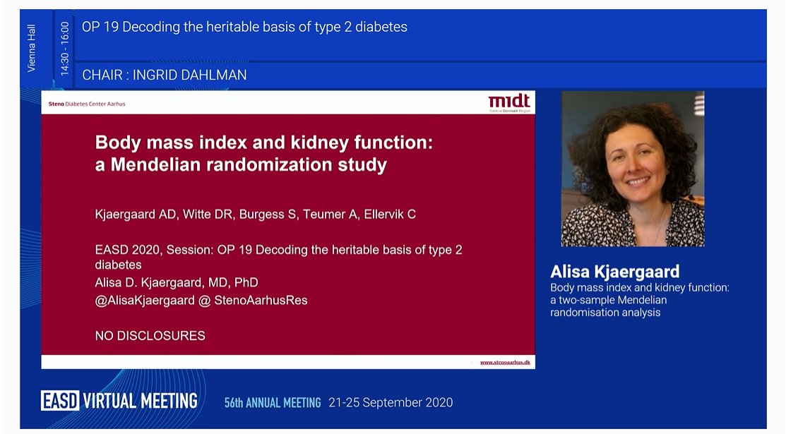 Well done @AlisaKjaergaard, nice study &amp; very clear presenation at #EASD2020 👏

Watch the recording of @AlisaKjaergaard's presentation to find out whether there is a causal association between high body mass index &amp; kidney function decline #BMI #CKD