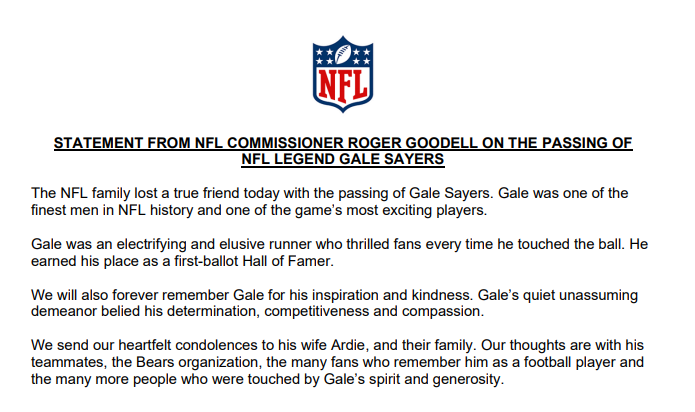 NFL345's tweet image. Statement from NFL Commissioner Roger Goodell on he Passing of NFL Legend Gale Sayers: bit.ly/2ErHqPJ
