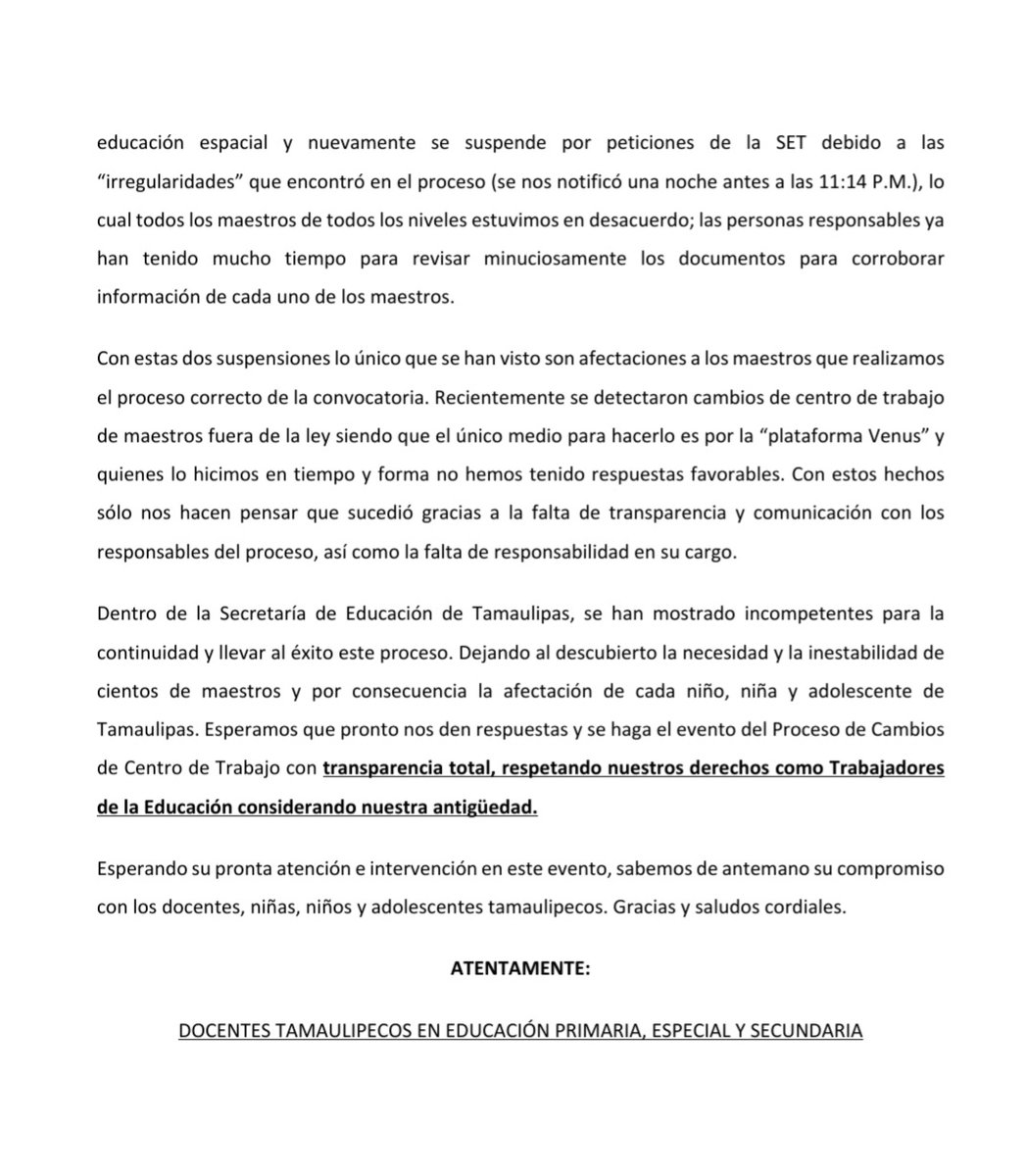 yamalikcitta's tweet photo. CARTA AL GOBERNADOR DE #TAMAULIPAS 
@fgcabezadevaca
 
Los docentes de Tamaulipas exigimos una resolución inmediata. Estamos cansados, agobiados y decepcionados. 
@gobtam
@EDUCATAM
 @SnteNacional
@snte_seccion30
@USICAMM_OFICIAL
@emoctezumab
@MMT_SNTE
@REobservatorio
@RCampuzano https://t.co/5NX2RHSBYq