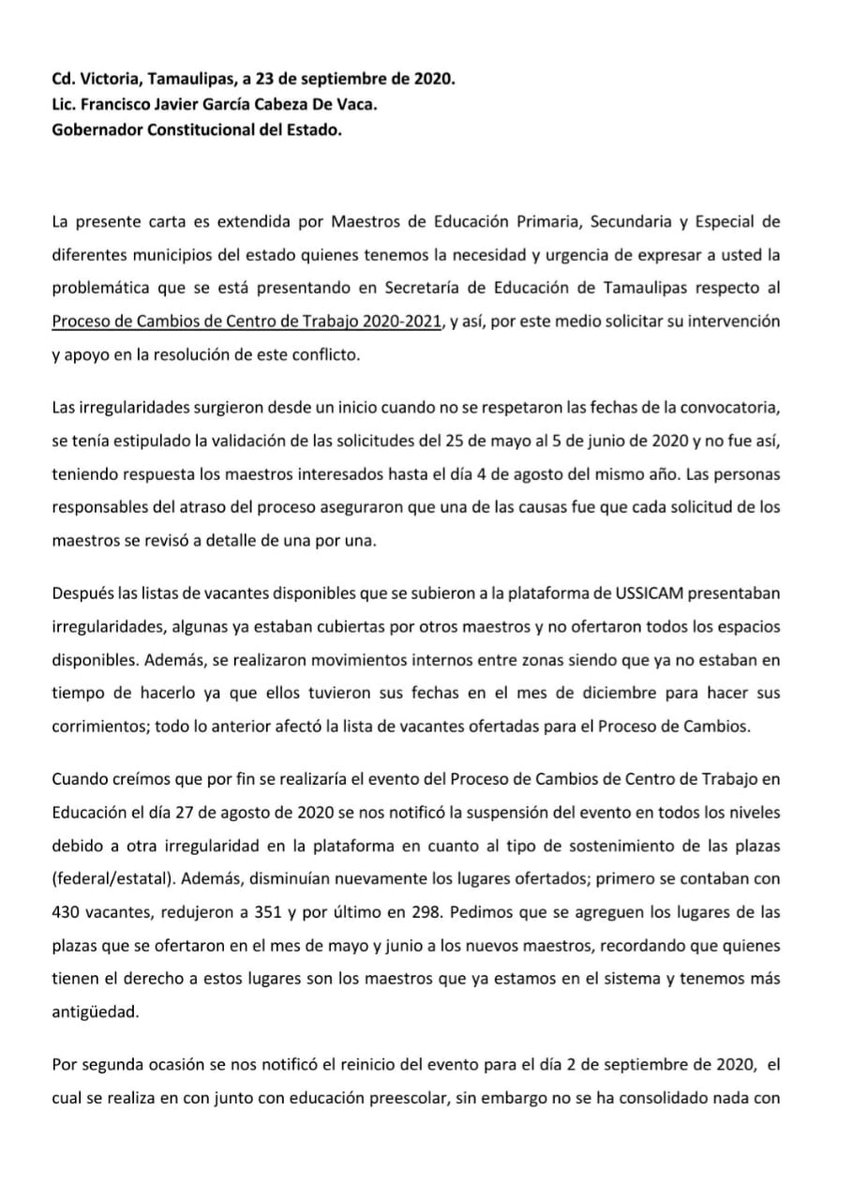 yamalikcitta's tweet photo. CARTA AL GOBERNADOR DE #TAMAULIPAS 
@fgcabezadevaca
 
Los docentes de Tamaulipas exigimos una resolución inmediata. Estamos cansados, agobiados y decepcionados. 
@gobtam
@EDUCATAM
 @SnteNacional
@snte_seccion30
@USICAMM_OFICIAL
@emoctezumab
@MMT_SNTE
@REobservatorio
@RCampuzano https://t.co/5NX2RHSBYq
