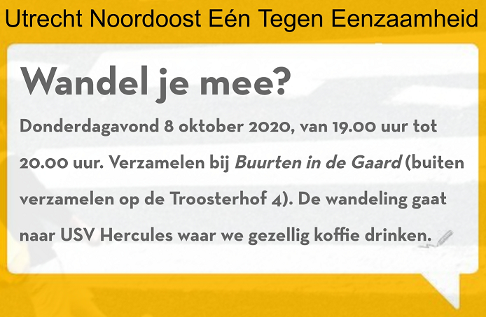 Op donderdag 8 oktober organiseert <a href="/UCentraal/">U Centraal</a> ism oa <a href="/Beter_Thuis/">BeterThuis</a>, <a href="/Sport_Utrecht/">SportUtrecht</a>, <a href="/HandjehelpenUT/">Handjehelpen</a>
in Utrecht Noordoost een Eén Tegen Eenzaamheid wandeling. Wandel je mee? Mail dan info@beweegvriendelijkewijk.nl. #eenzaamheid  #utrechtomarmt #beweegvriendelijkewijk