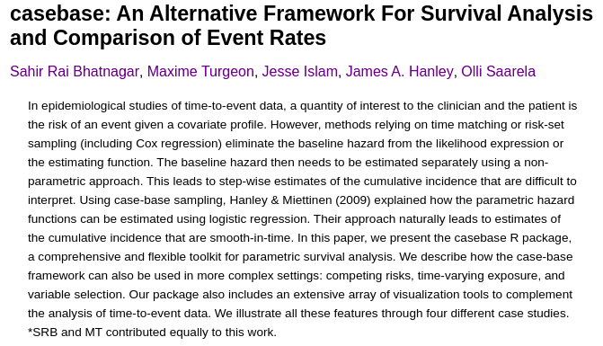 Check out our new preprint on a new parametric approach to survival analysis  https://arxiv.org/abs/2009.10264   #epitwitter with  #rstats package  https://cran.r-project.org/package=casebase (THREAD 1/n)