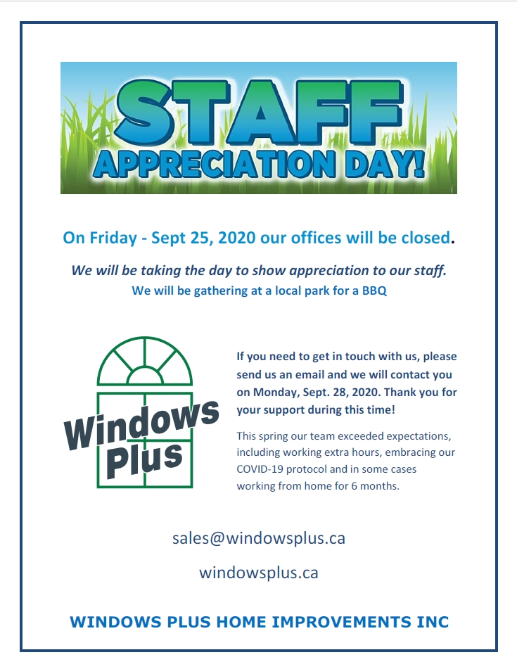 windows_plus's tweet image. We will be closed on Friday - Sept. 25, 2020
