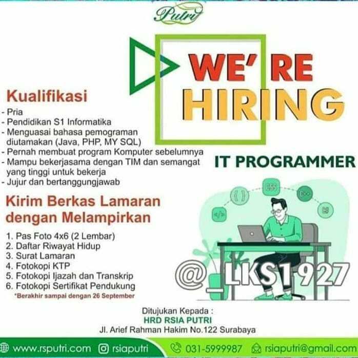 _lks1927's tweet image. @rsiaputri 
#lokerprogrammer #lokeritstaff #lokerinformatika #lokerilmukomputer #lokersisteminformasi #lokerpria #lokers1 #ngancaningelamarkerjo #lokersurabaya #lokersby #igsurabaya #ikisuroboyo #pojoksurabaya #karenasurabaya instagr.am/p/CFezA8OD5GM/