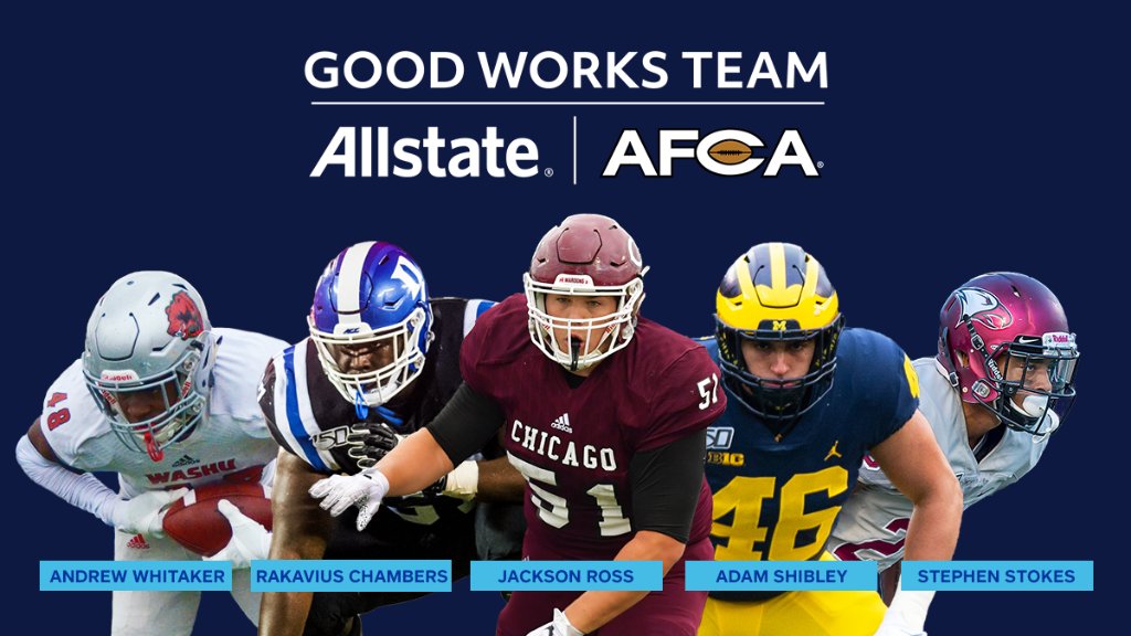 Allstate's tweet photo. Proud to recognize the 2020 Allstate AFCA #GoodWorksTeam: student-athletes protecting those in need through acts of service. https://t.co/FrEus957lM