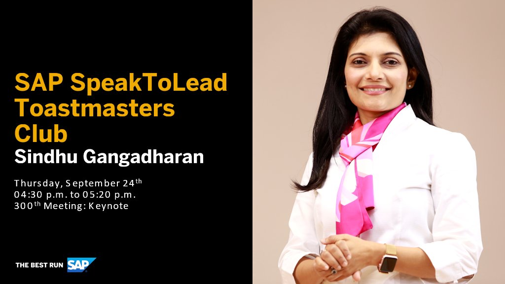 saplabsindia's tweet photo. The SAP SpeakToLead Toastmasters Club will be hosting its 300th meeting tomorrow! On this occasion, @gangadharansind, SVP &amp; MD, SAP Labs India, shall be delivering a keynote speech, commemorating the event. Watch this space for more updates. https://t.co/WS07q5KESN