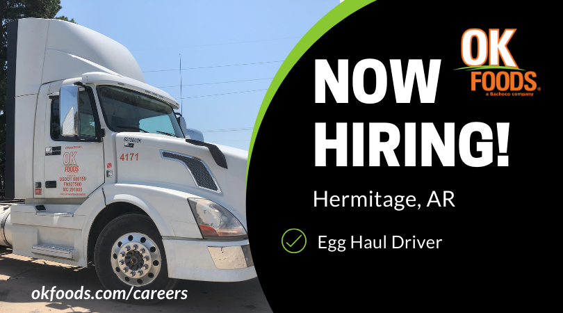 Now Hiring Egg Haul Driver in Hermitage, Arkansas. Visit okfoods.com/careers to apply today!
#joinourteam #nowhiring #nourishtheworld #okfoods