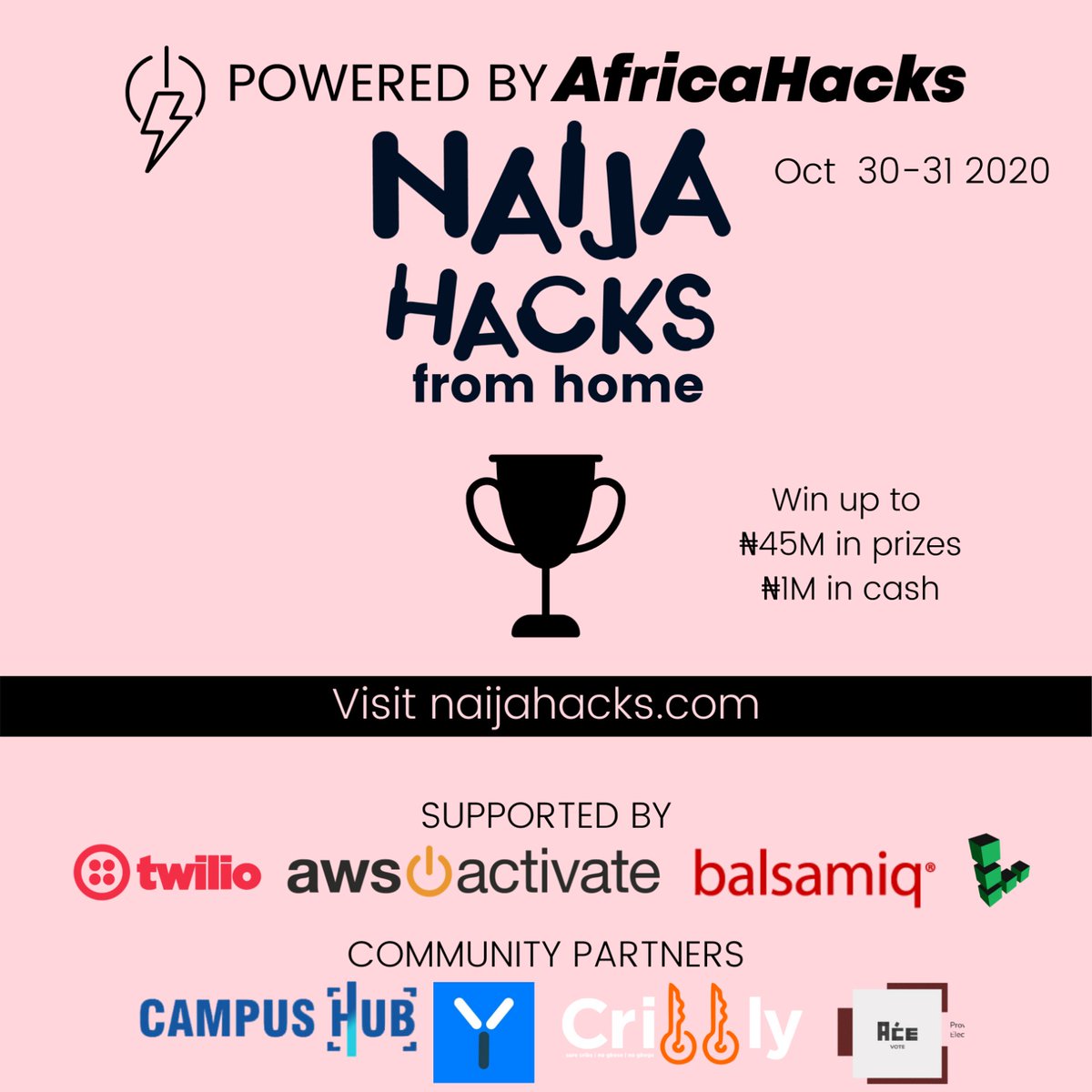 yourcampushub's tweet photo. Are you ready?
It's time to show the world the ideas you've been craving for during the #COVID19 #pandemic.

Register now for #Naijahacks2020 hackathon.

#campushub #Students #learning #WednesdayThoughts @twilio @awscloud @balsamiq @linode @acevote @getbridge_app @yourcampushub https://t.co/3fLsYRKsXt