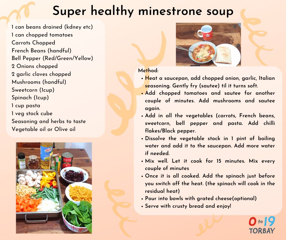 Super Healthy Minestrone Soup 🍲

A tasty warming soup to make with your children. Give it a go and send in your pics to us 📷

#0to19Torbay #ActionForChildren #NHSTorbay #NHS #Torbay #ChildrensSociety #Torquay #Paignton #Brixham #Soup #Cooking #HealthyEating