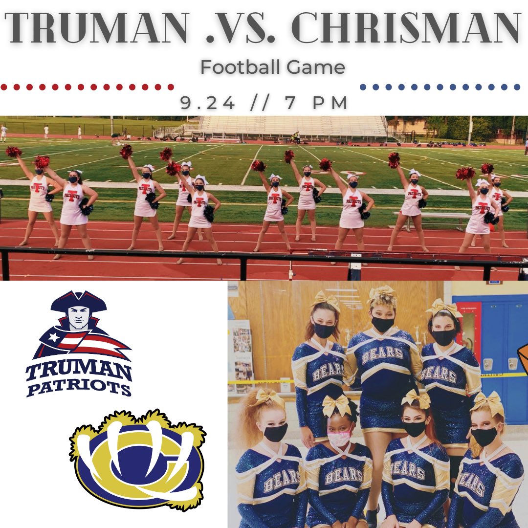 THSStarsteppers's tweet photo. We are so happy to be dancing at our first football game this season 🎉 We are also excited to be sharing the halftime show with the Chrisman Beartrackers! Good luck to Truman and Chrisman football, dance, and cheer teams! ❤️💙 #ISD #WeAreTruman #Patriots #Starsteppers https://t.co/jXPvKzUaNw