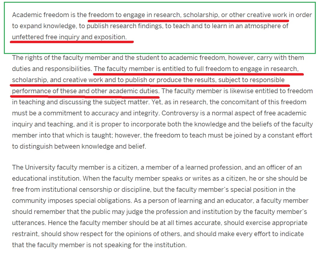 12/Here you can see Boston University (  @BU_Tweets ) has a statement of academic freedom. That statement says very clearly: academics have a right to teach and learn in an atmosphere of "unfettered free inquirey," and are granted "full freedom to engage in research."