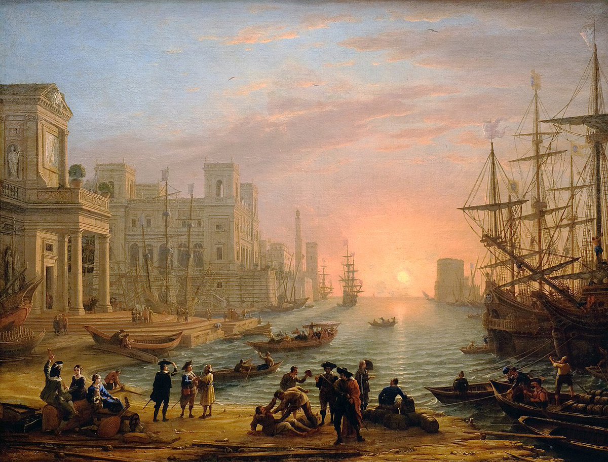 Whereas most (not all!) AO3 fic is like “Seaport at Sunset” by Claude Lorrain. Same basic subject, MUCH more detailed. The details mute the emotional impact slightly, but also magnify it in a longer time frame.  https://www.wikiart.org/en/claude-lorrain/seaport-at-sunset-1639
