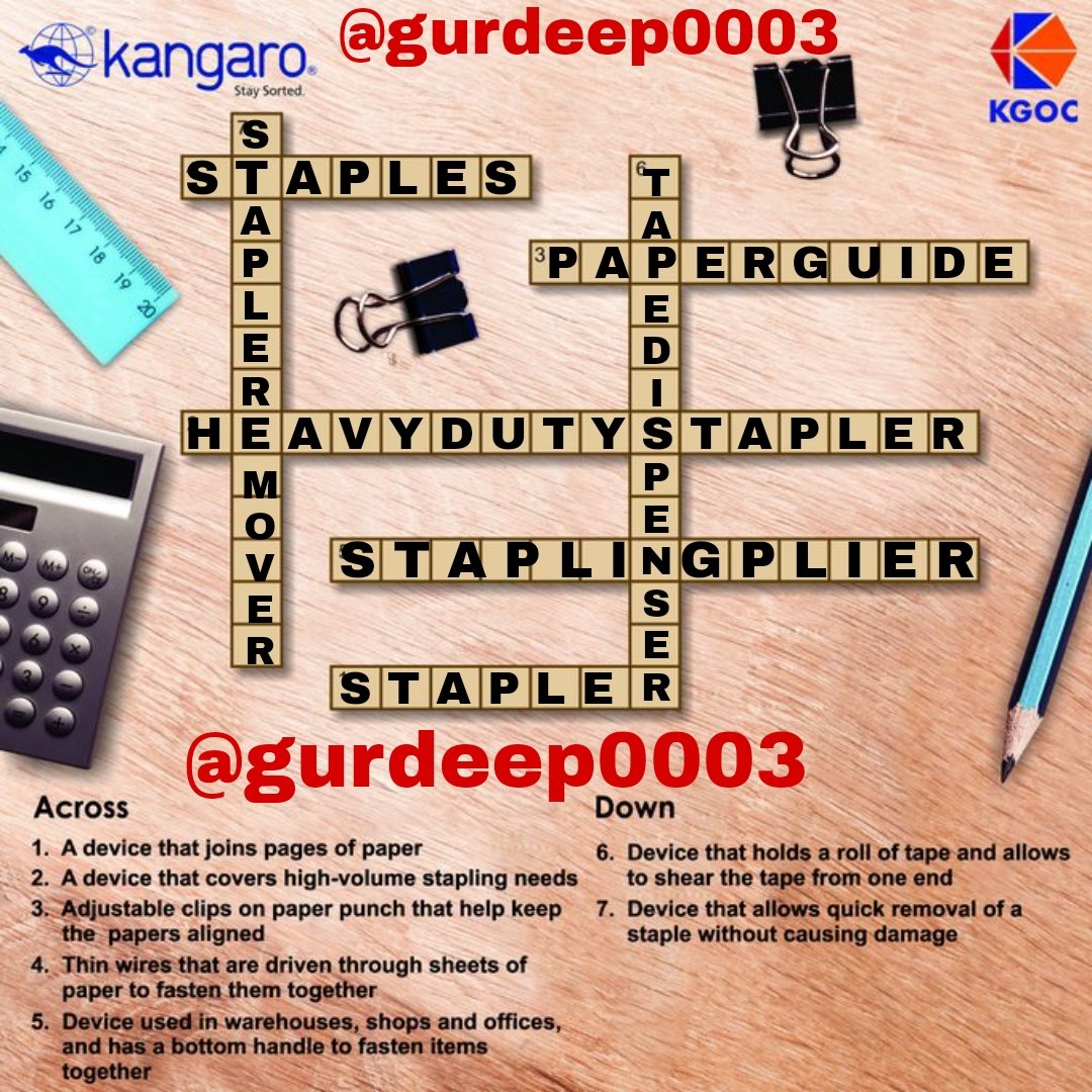 Gurcasm's tweet image. Down:
6. Tape Dispenser
7. Staple Remover

Across:
1. Stapler
2. Heavy Duty Stapler
3. Paper Punch 
4. Staples
5. Stapling Plier

#ContestAlertIndia 
#Comtest
#ContestIndia
@KangaroKGOC 
Join - @coolkishore59 @Coolekta1 
 @Sappy786 
@vc16898 
@pratishtha1001 
@satyapaljain_86