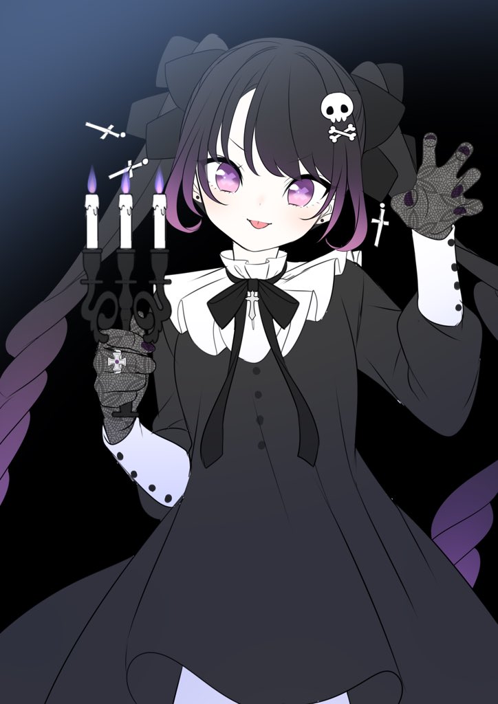 1girl candle solo purple eyes dress black dress cross  illustration images