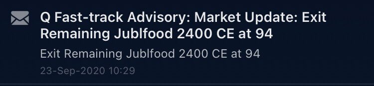 @quantsapp Fasttrack advisory review with today’s trade. Jublfood 2400 CE asked to buy at 94 at 10:07am.