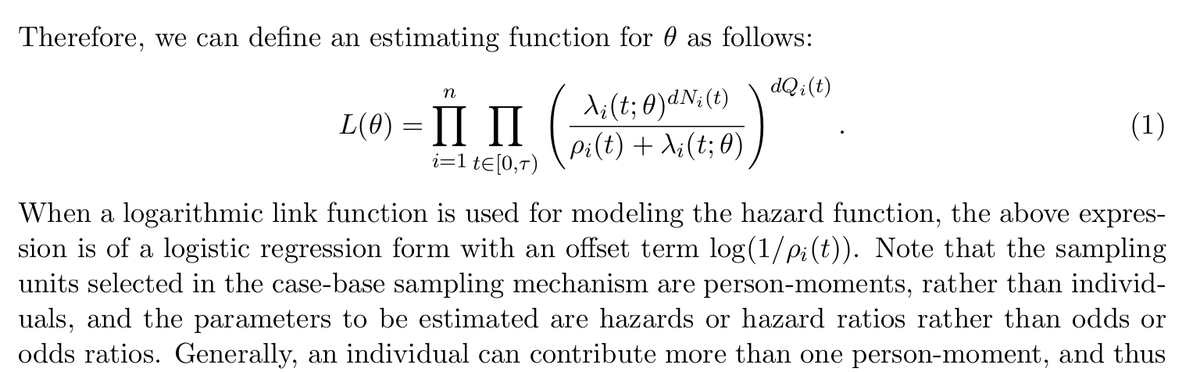 We leverage the key insight made by Hanley and Miettinen (2009) that continuous-time survival modeling can be reformulated as a logistic (or multinomial) regression with an offset term (6/n)