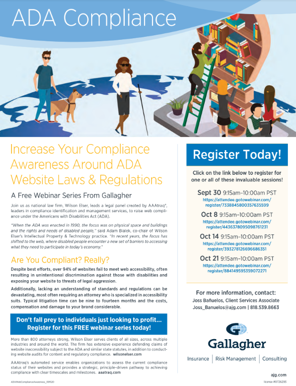 AAAtraq's tweet photo. Psst! You can increase your compliance awareness around ADA website laws and regulations - see the attached picture for more information about the AAAtraq/Gallagher/Wilson Elser event #accessibility #event #AAAtraq https://t.co/OCqLODnWtQ