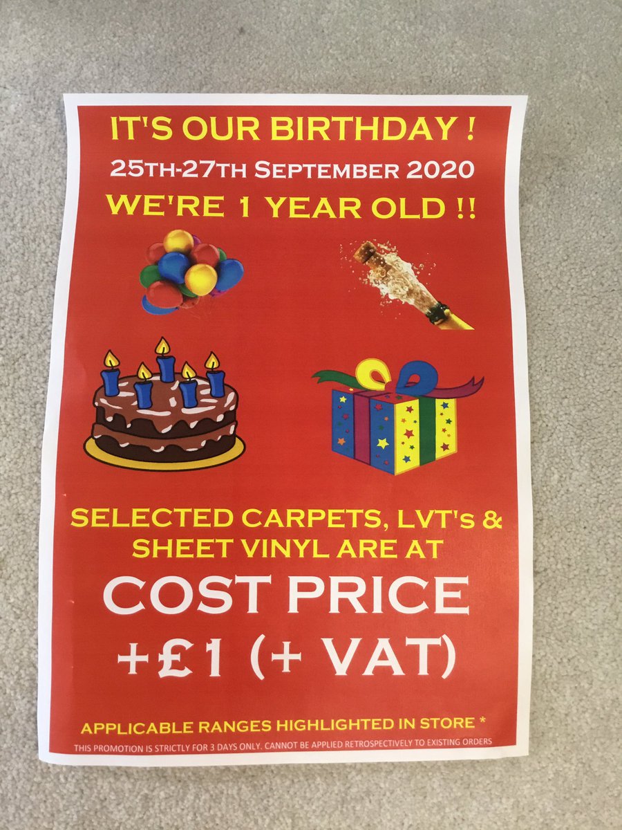 It’s a year since we opened our doors for the first time ! To celebrate this weekend we’re offering SELECTED Carpets, Vinyls, and LVT’s at COST PRICE + £1 (plus VAT). It’s for 4 days only - ending Sunday 27th September - don’t miss out !